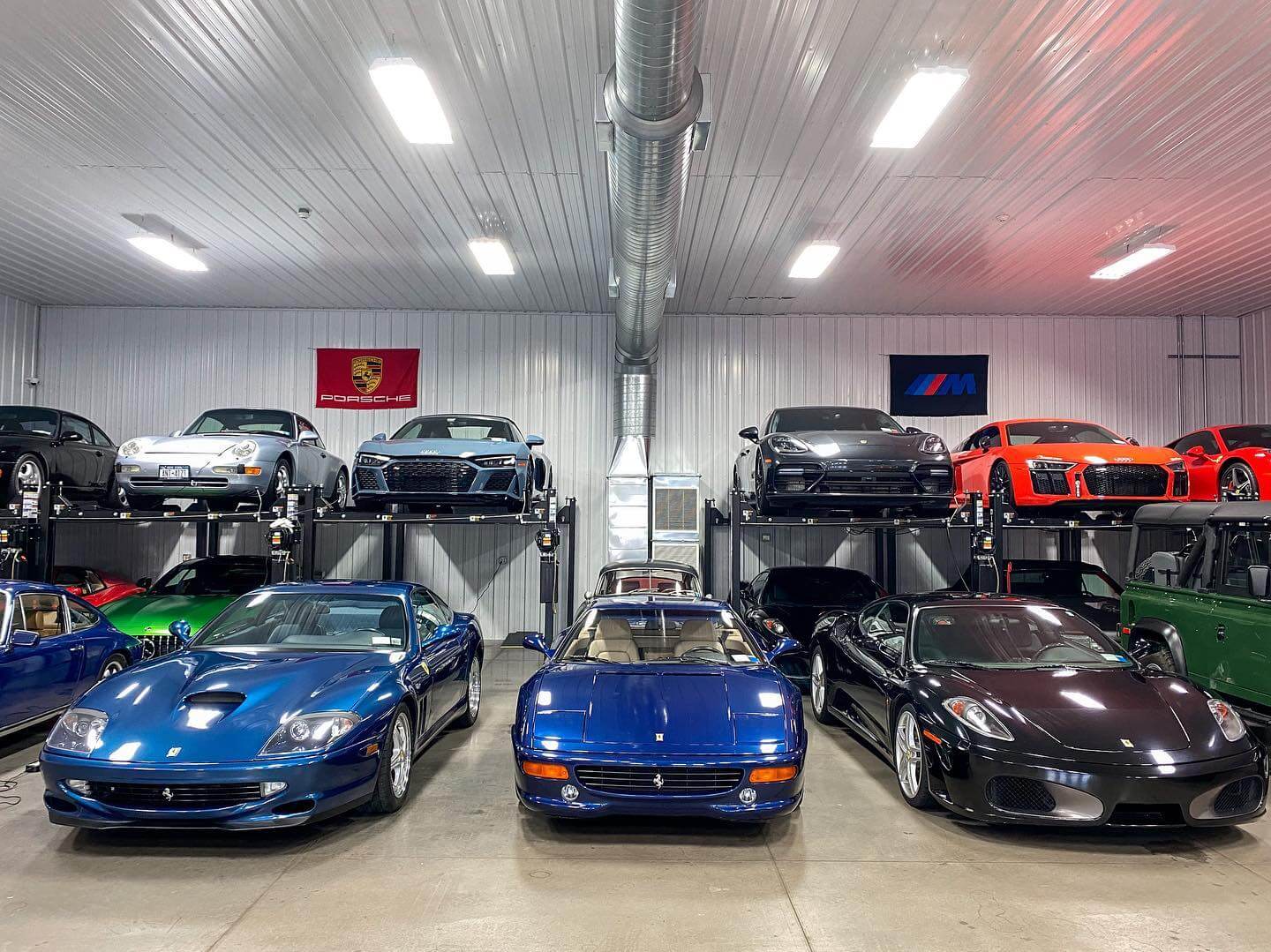 Luxury sports cars parked safely inside Cantech Automotive's clean, climate-controlled vehicle storage facility in Syracuse, NY.